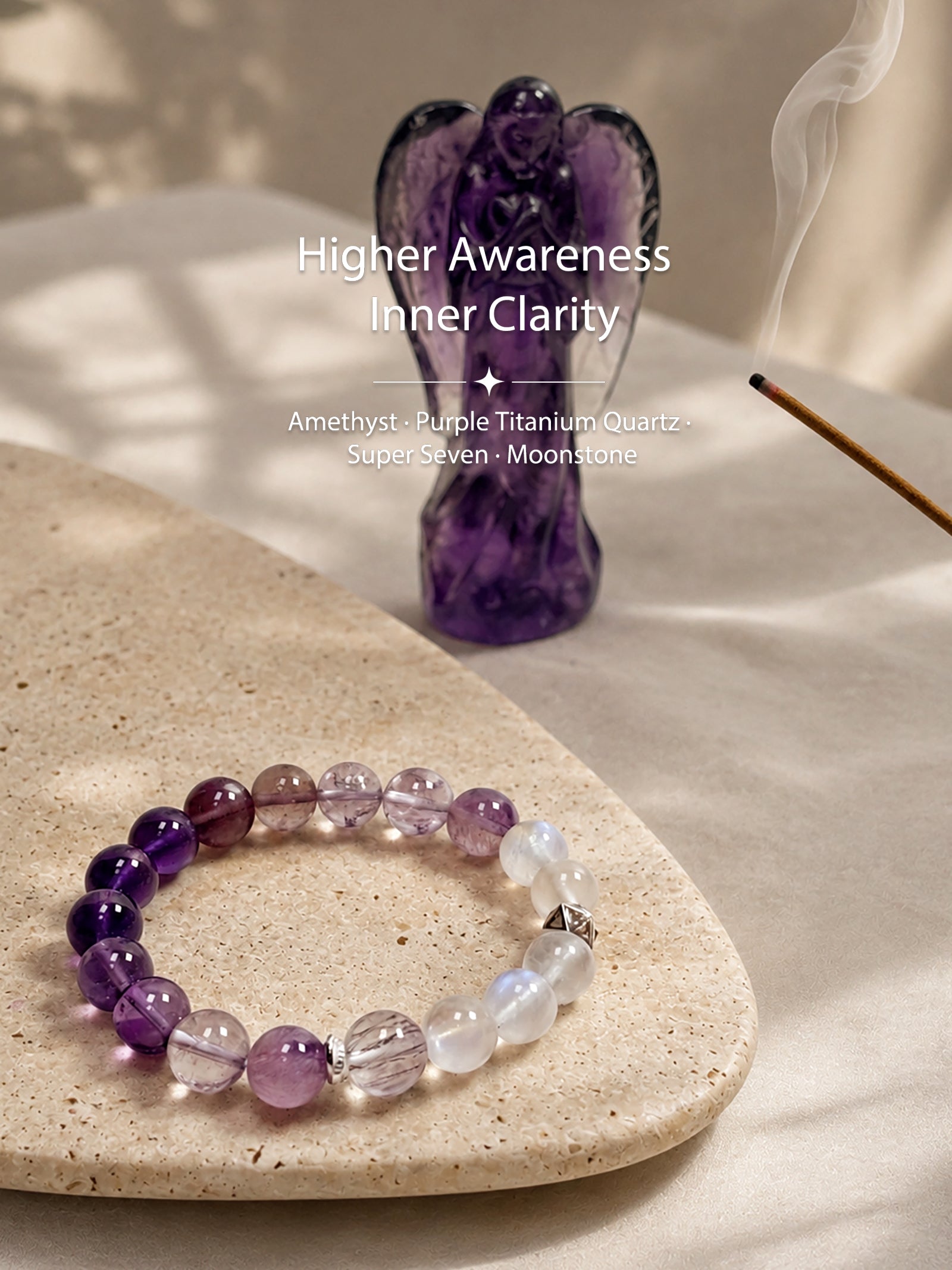Amethyst, purple titanium quartz, and moonstone bracelet styled on meditation altar for intuition, higher awareness, and inner clarity