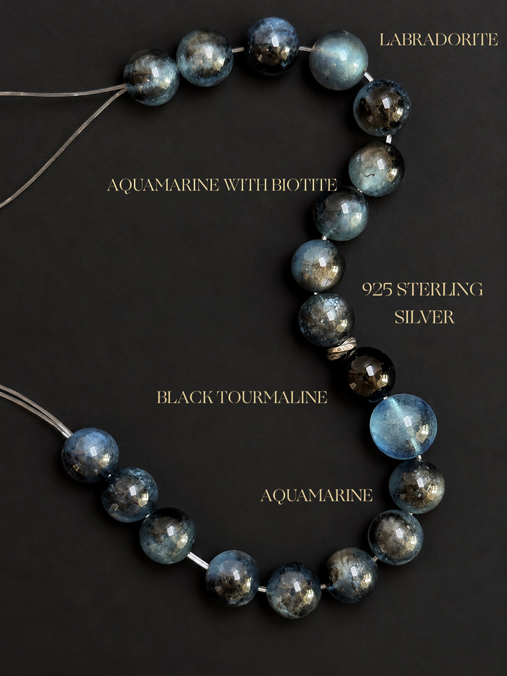 Natural Aquamarine with Biotite and Black Tourmaline inclusions, Black Tourmaline, and Labradorite bracelet with 925 sterling silver accents, displayed against a black mineral background.