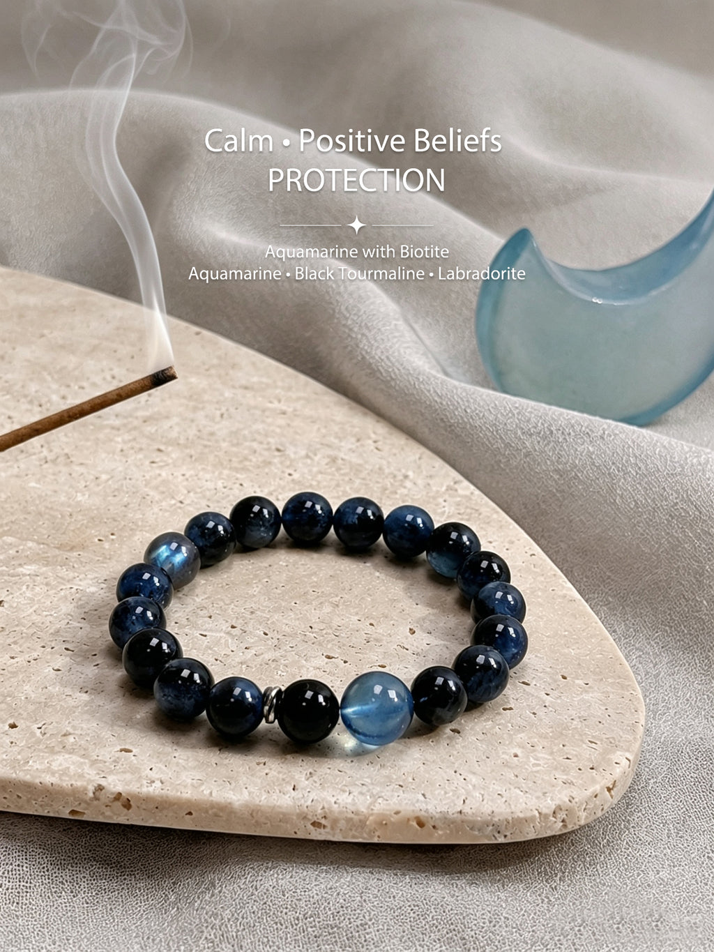 Aquamarine with Biotite bracelet styled with incense and natural decor