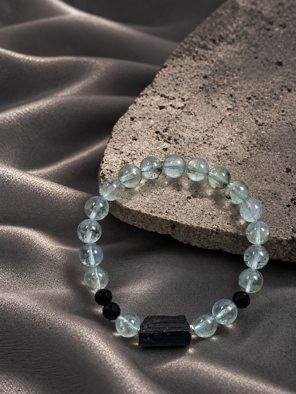  rare green-toned Aquamarine and Black Tourmaline crystal bracelet for calm, communication and protection