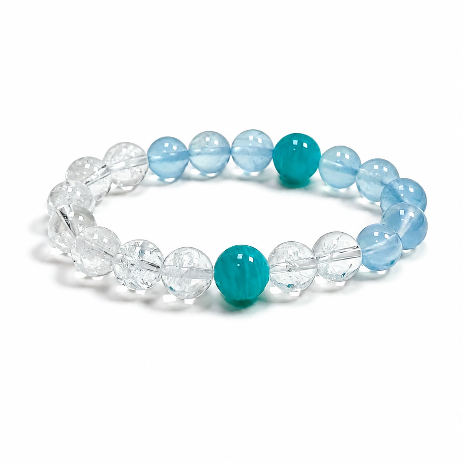 Aquamarine, Clear Quartz, and Amazonite crystal bracelet on clean white background