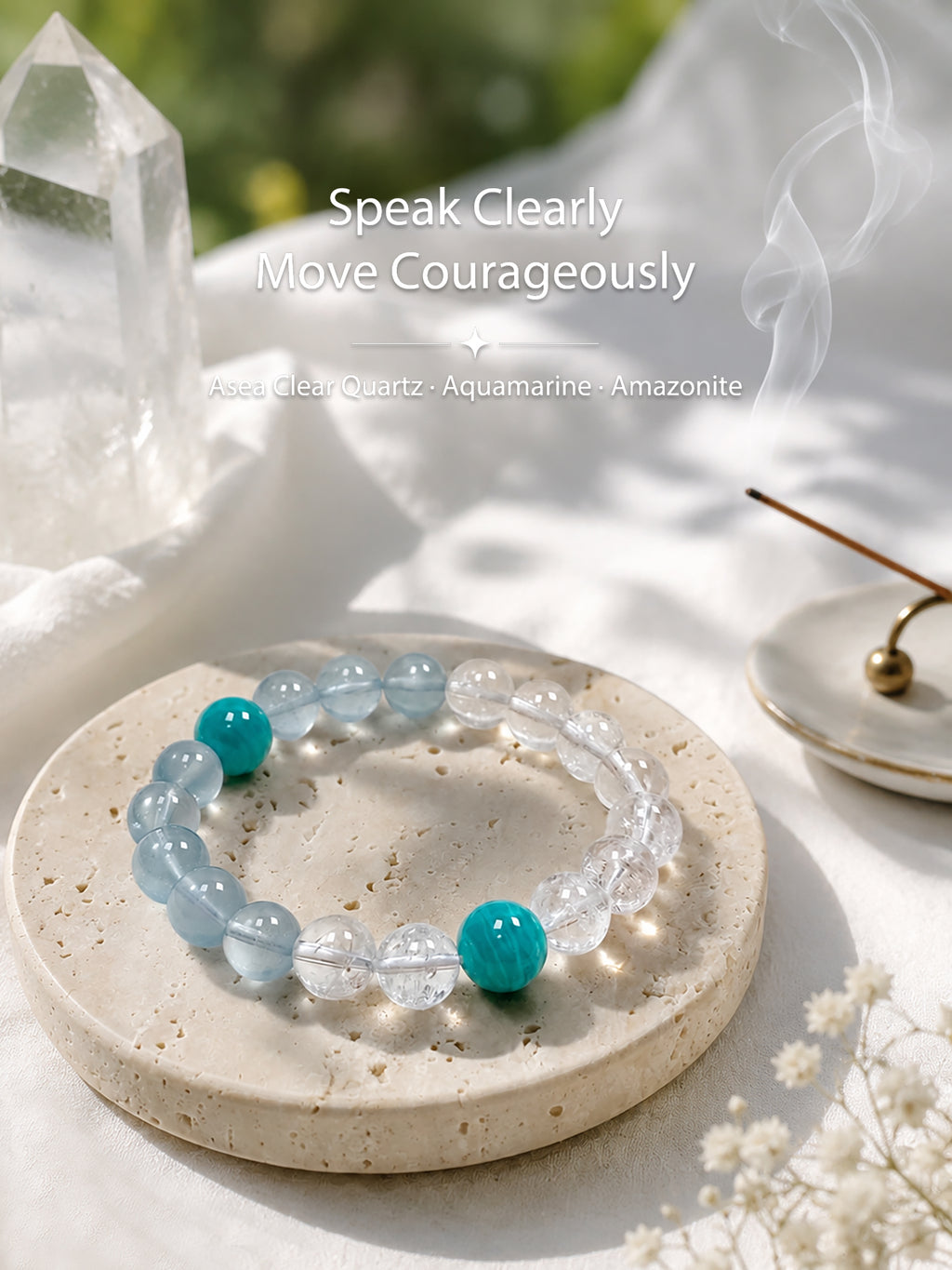 Aquamarine, Clear Quartz, and Amazonite crystal bracelet styled on calming meditation altar