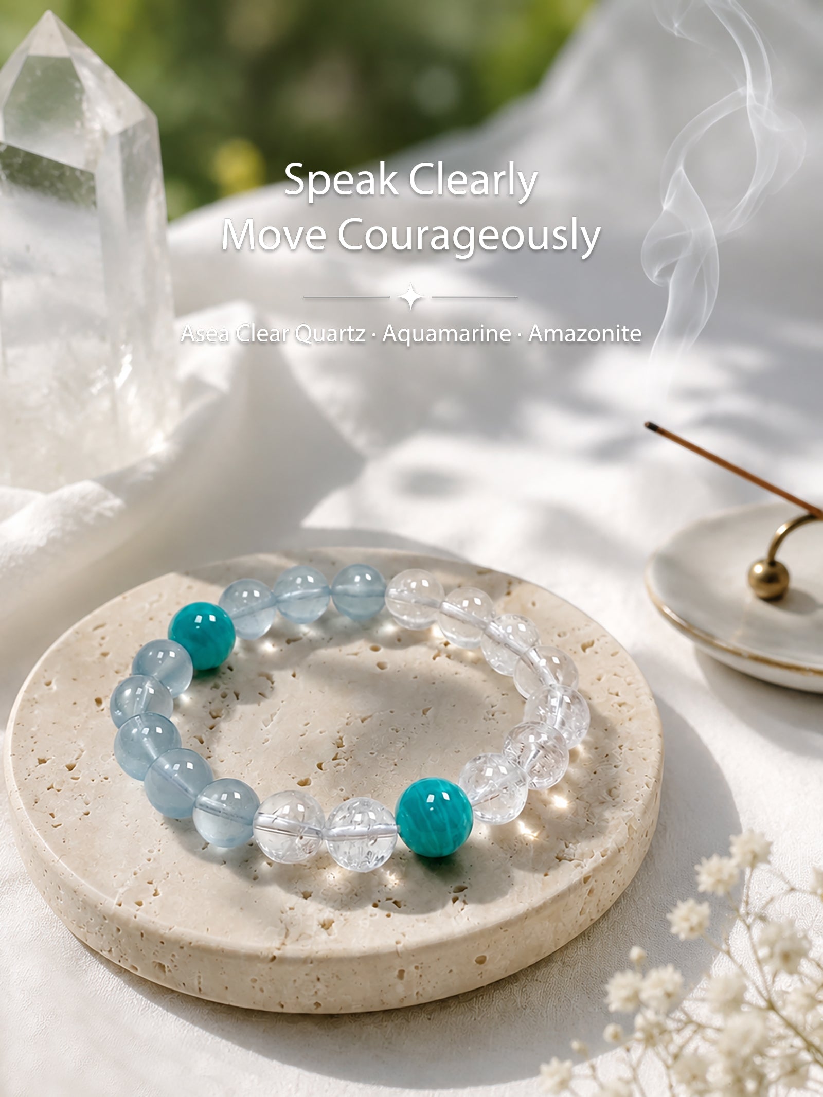 Aquamarine, Clear Quartz, and Amazonite crystal bracelet styled on calming meditation altar