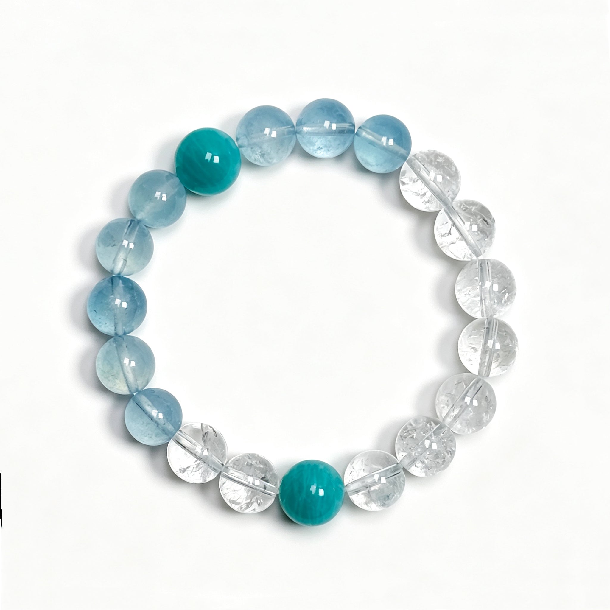 Top view of Aquamarine and Clear Quartz crystal bracelet showing full bead arrangement