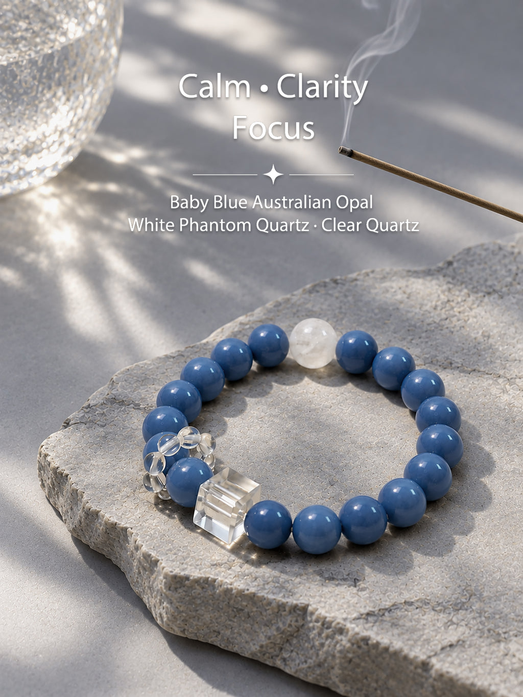 Baby Blue Australian Opal crystal bracelet in a calm ocean-inspired lifestyle setting