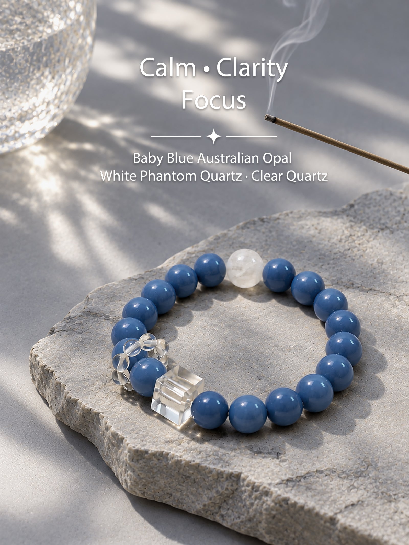 Baby Blue Australian Opal crystal bracelet in a calm ocean-inspired lifestyle setting