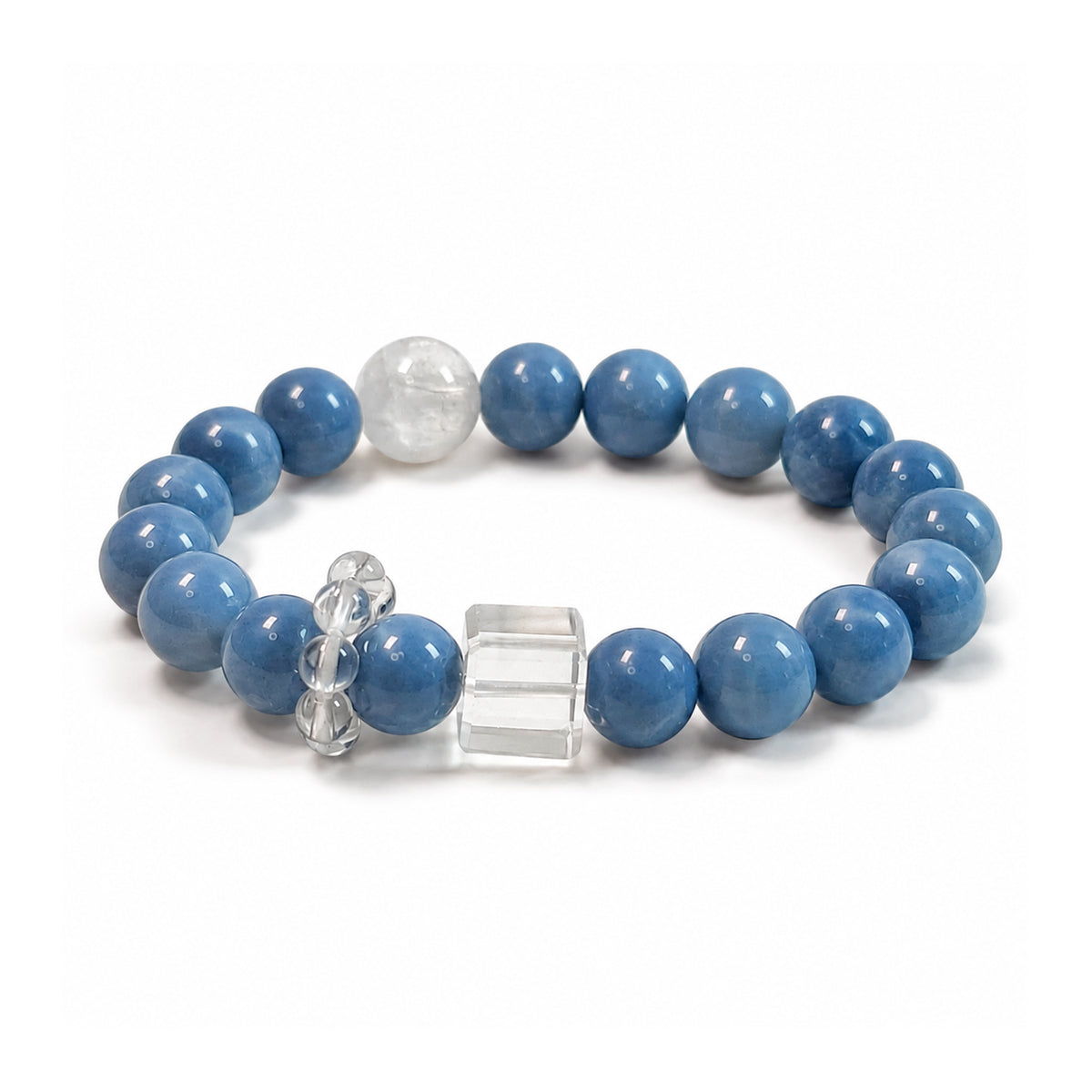 Side view of Baby Blue Australian Opal bracelet with White Phantom Quartz and Clear Quartz
