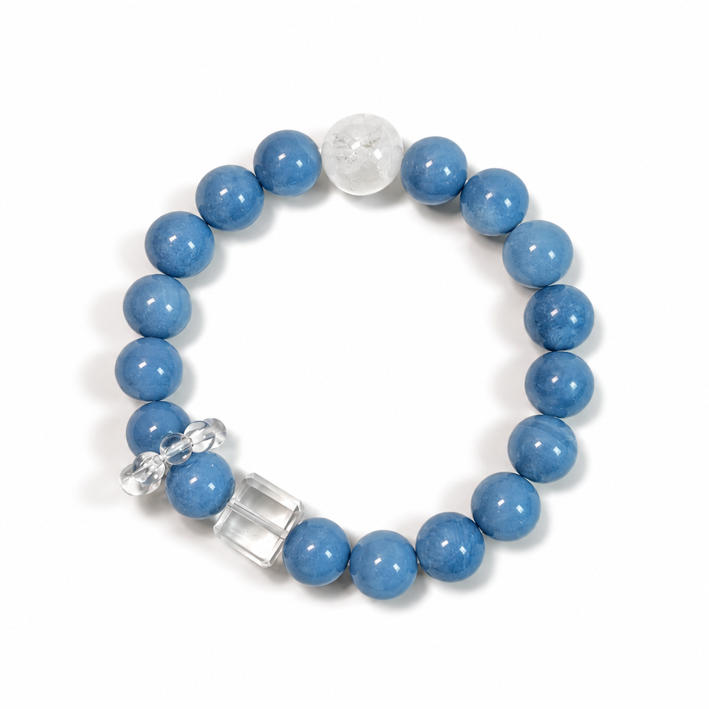 Top view of Baby Blue Australian Opal bracelet with White Phantom Quartz and Clear Quartz