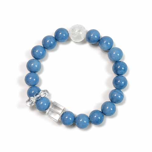 Top view of Baby Blue Australian Opal bracelet with White Phantom Quartz and Clear Quartz