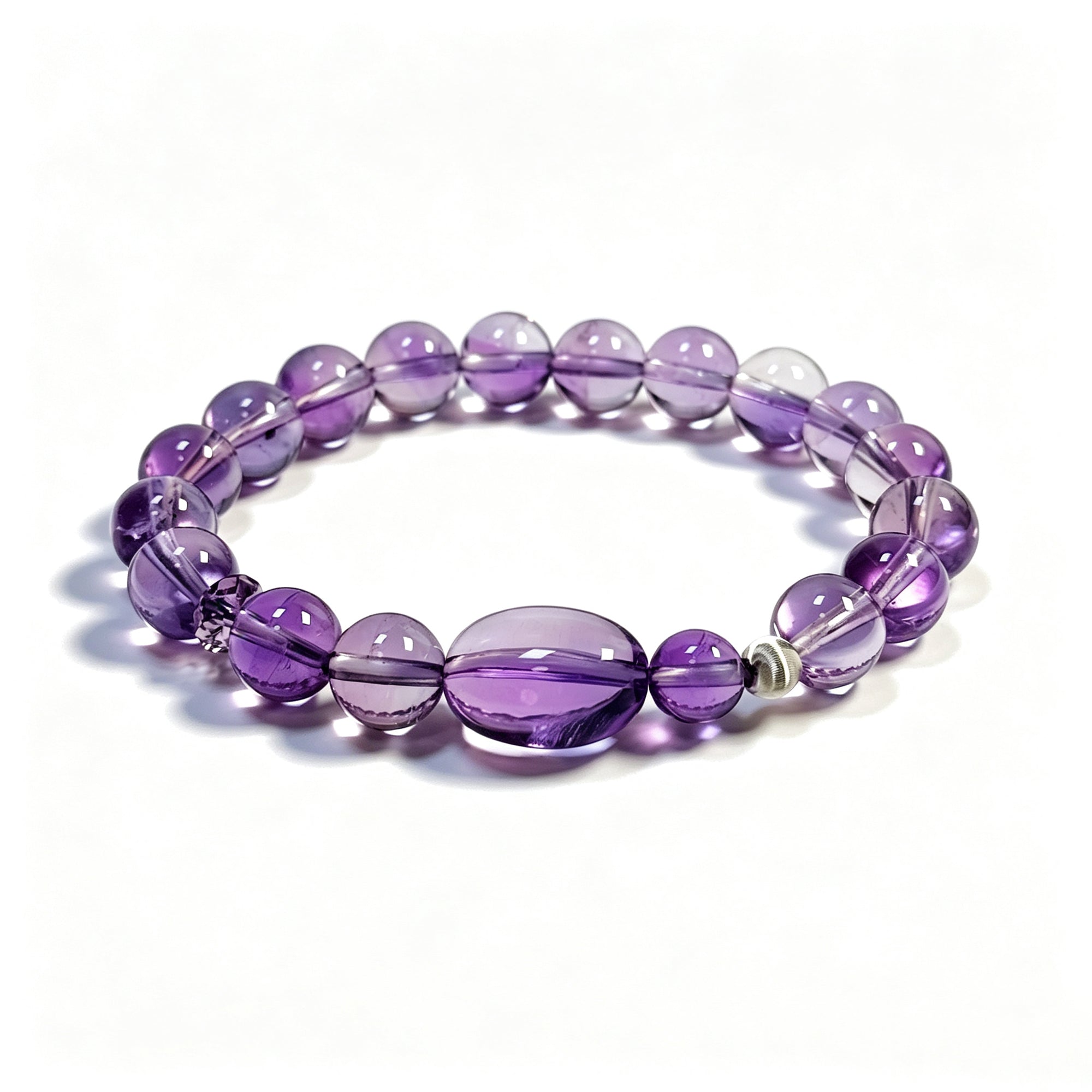 Amethyst bracelet on clean white background for intuition and inner clarity