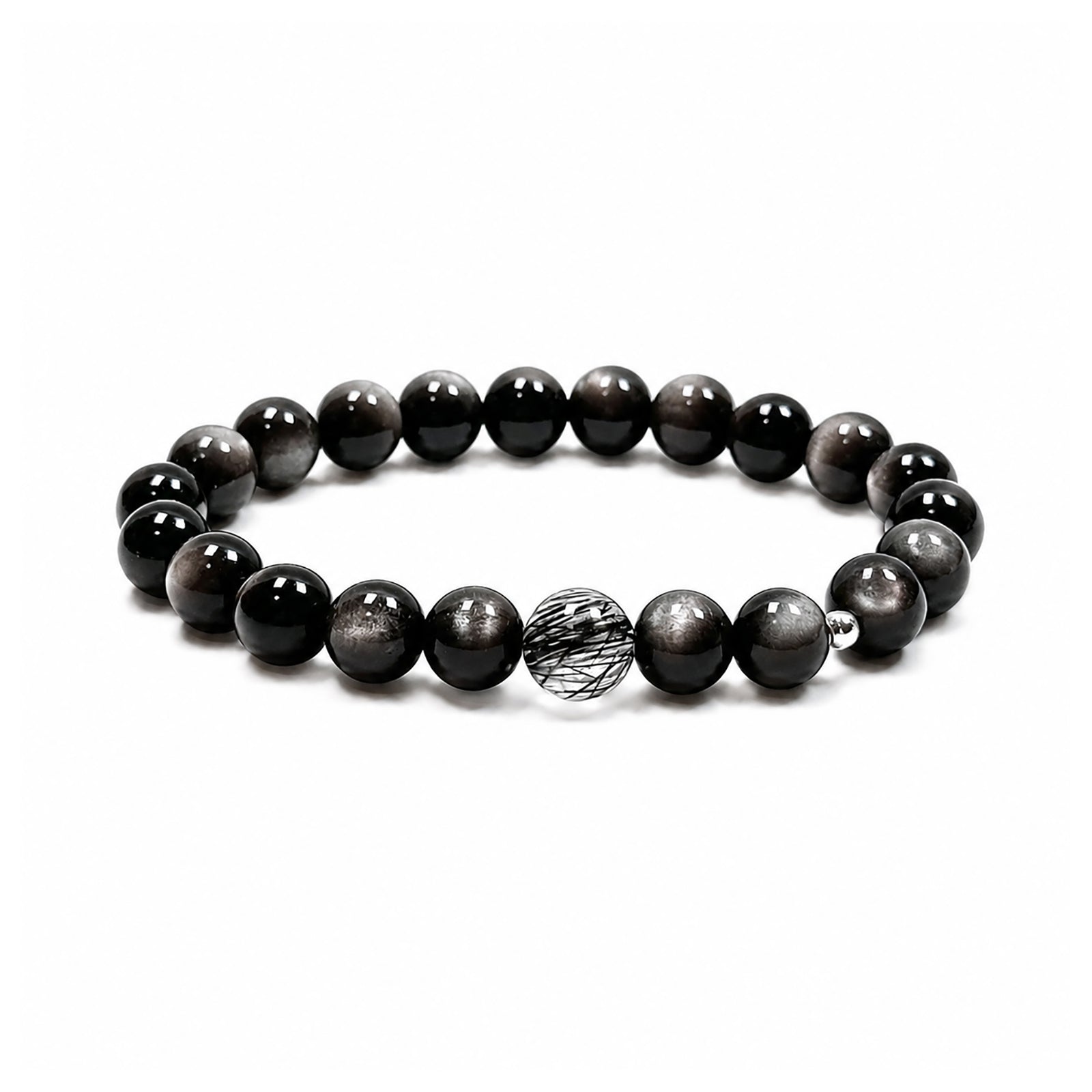 Black obsidian and black rutilated quartz bracelet on clean white background
