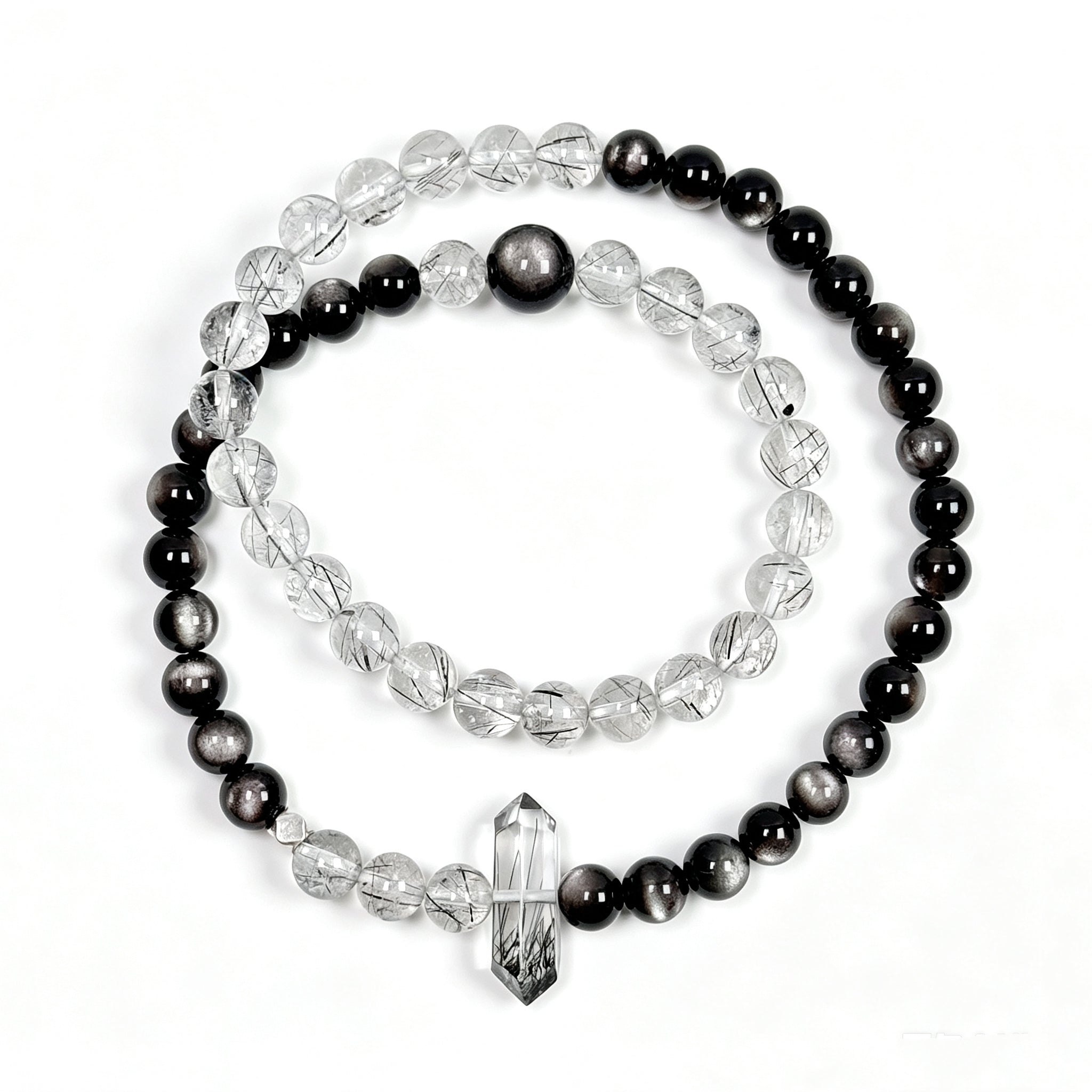 Top view of Black rutilated quartz and obsidian crystal bracelet showing full bead arrangement for protection and grounding