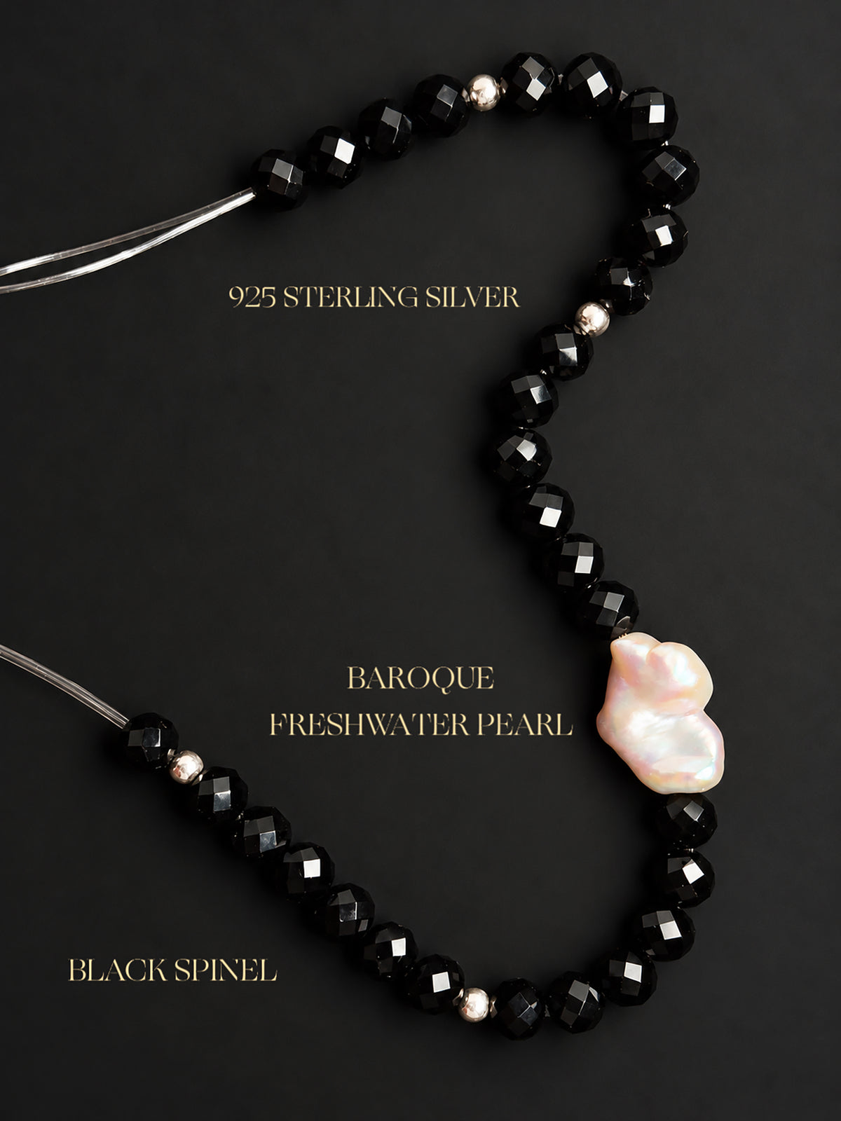Natural undyed faceted Black Spinel and Baroque Freshwater Pearl bracelet with 925 sterling silver accents, showcasing sparkling black gemstones and uniquely shaped natural pearls against a dark mineral background.
