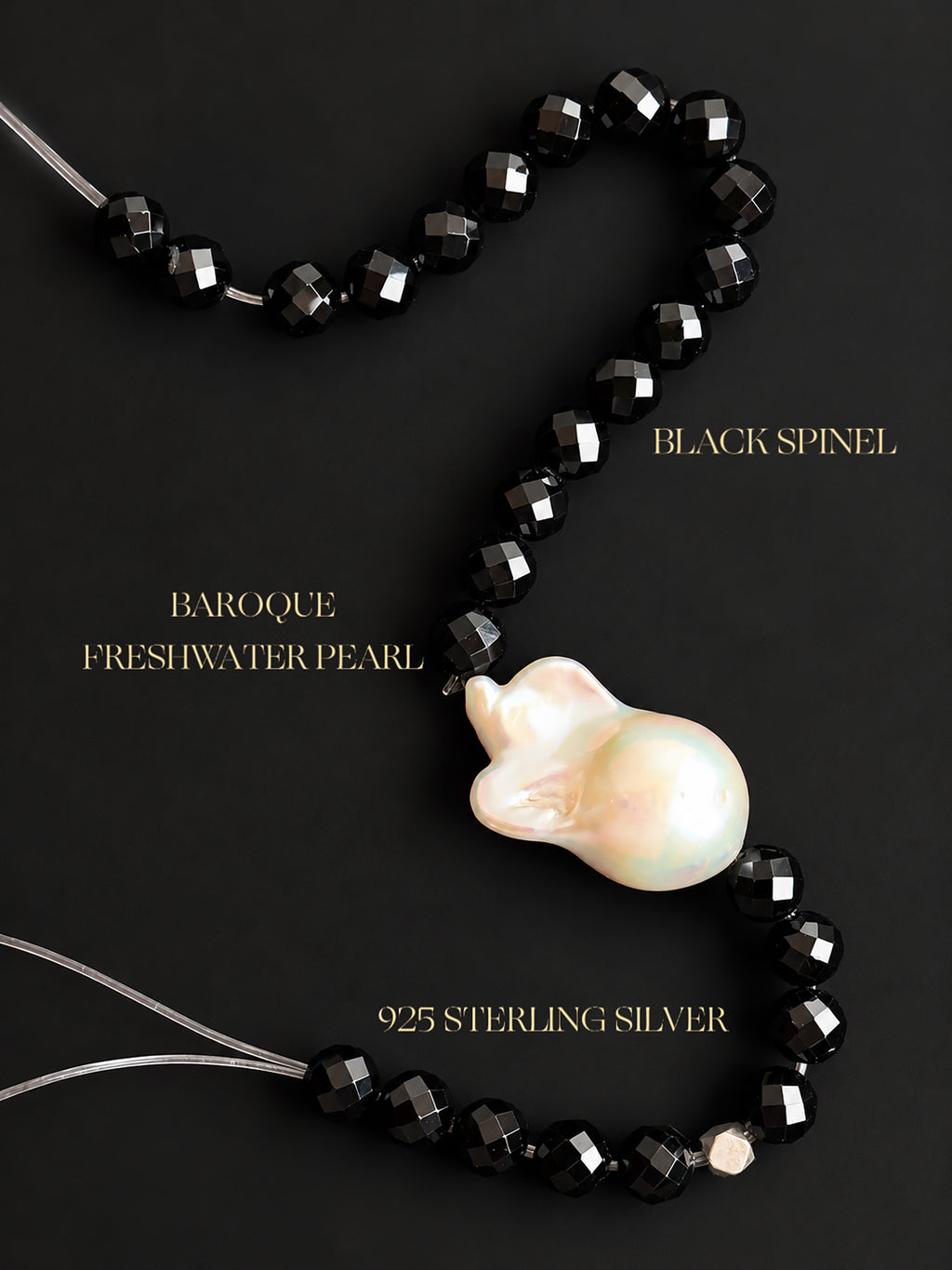 Natural undyed faceted Black Spinel and Baroque Freshwater Pearl bracelet with 925 sterling silver accents, showcasing sparkling black gemstones and uniquely shaped natural pearls against a dark mineral background.