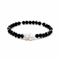 Black spinel and natural baroque pearl bracelet with 925 sterling silver beads, side view