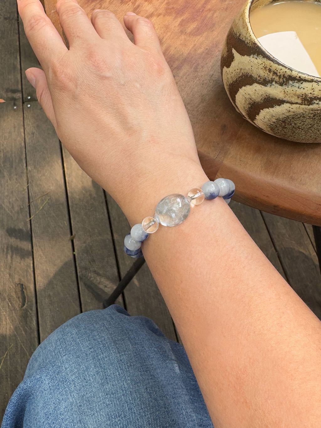 Blue Kyanite and Blue Rutilated Quartz bracelet on wrist