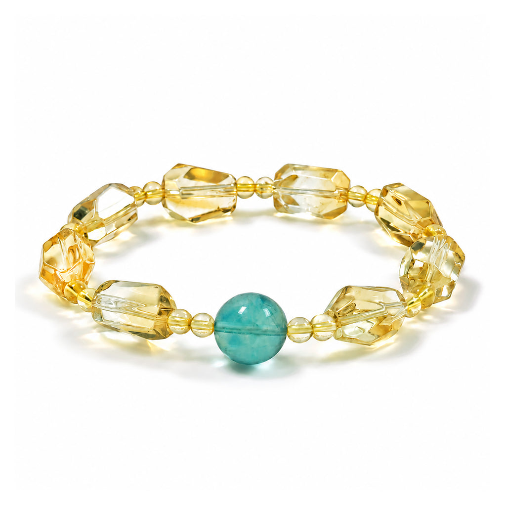 Side view of a citrine and blue-green fluorite crystal bracelet.