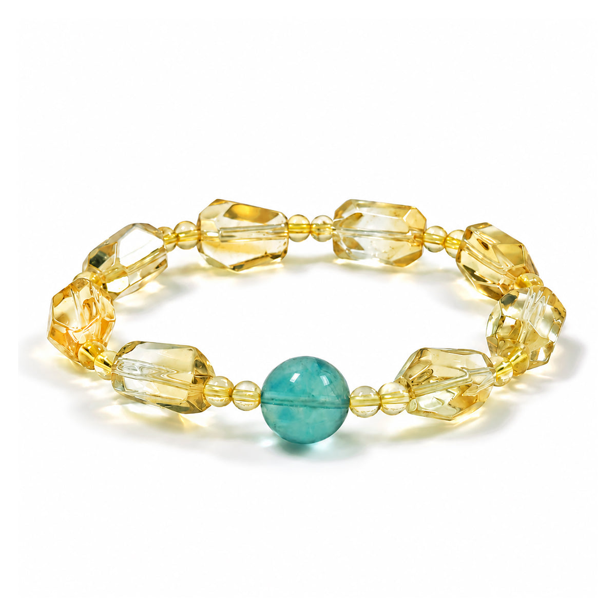 Side view of a citrine and blue-green fluorite crystal bracelet.