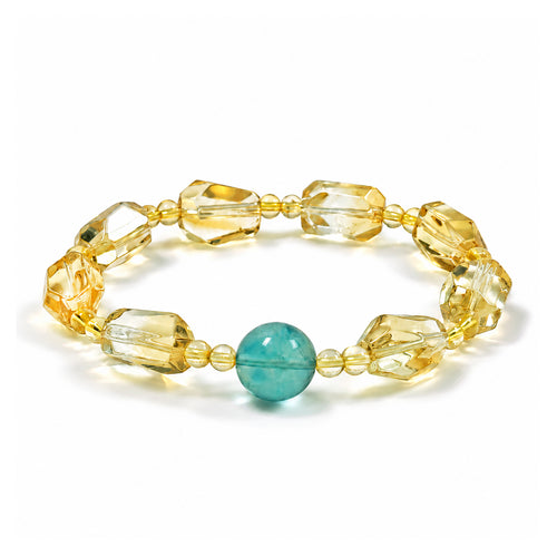 Side view of a citrine and blue-green fluorite crystal bracelet.