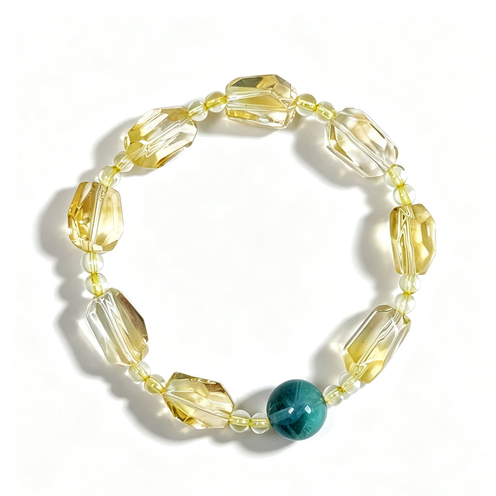 Top view of a citrine and blue-green fluorite crystal bracelet.