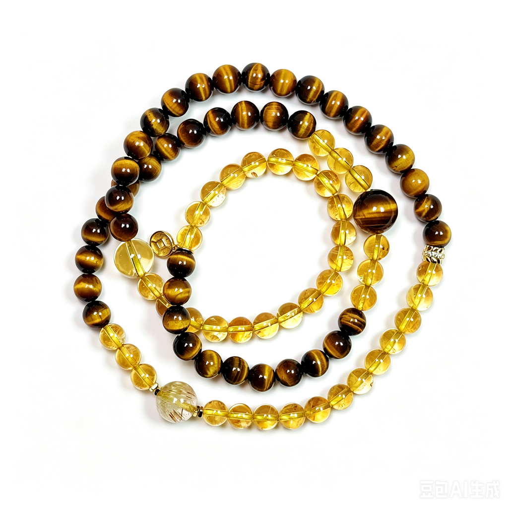 Top view of Citrine and Tiger’s Eye triple wrap bracelet showing full bead arrangement
