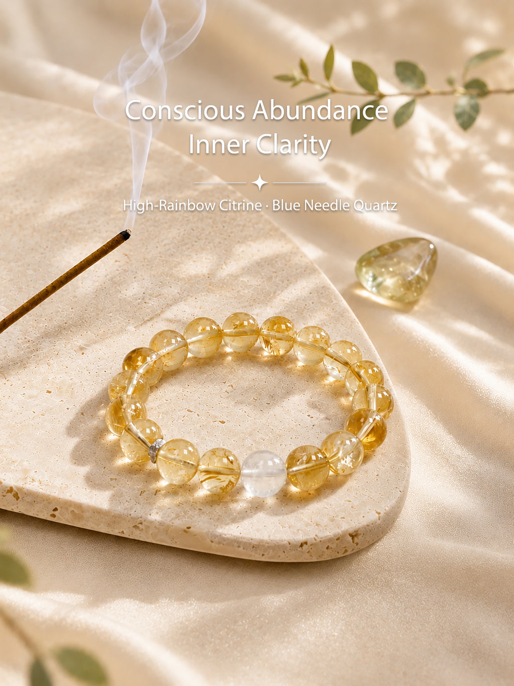 High-rainbow Citrine abundance bracelet styled on meditation altar with calming spiritual objects