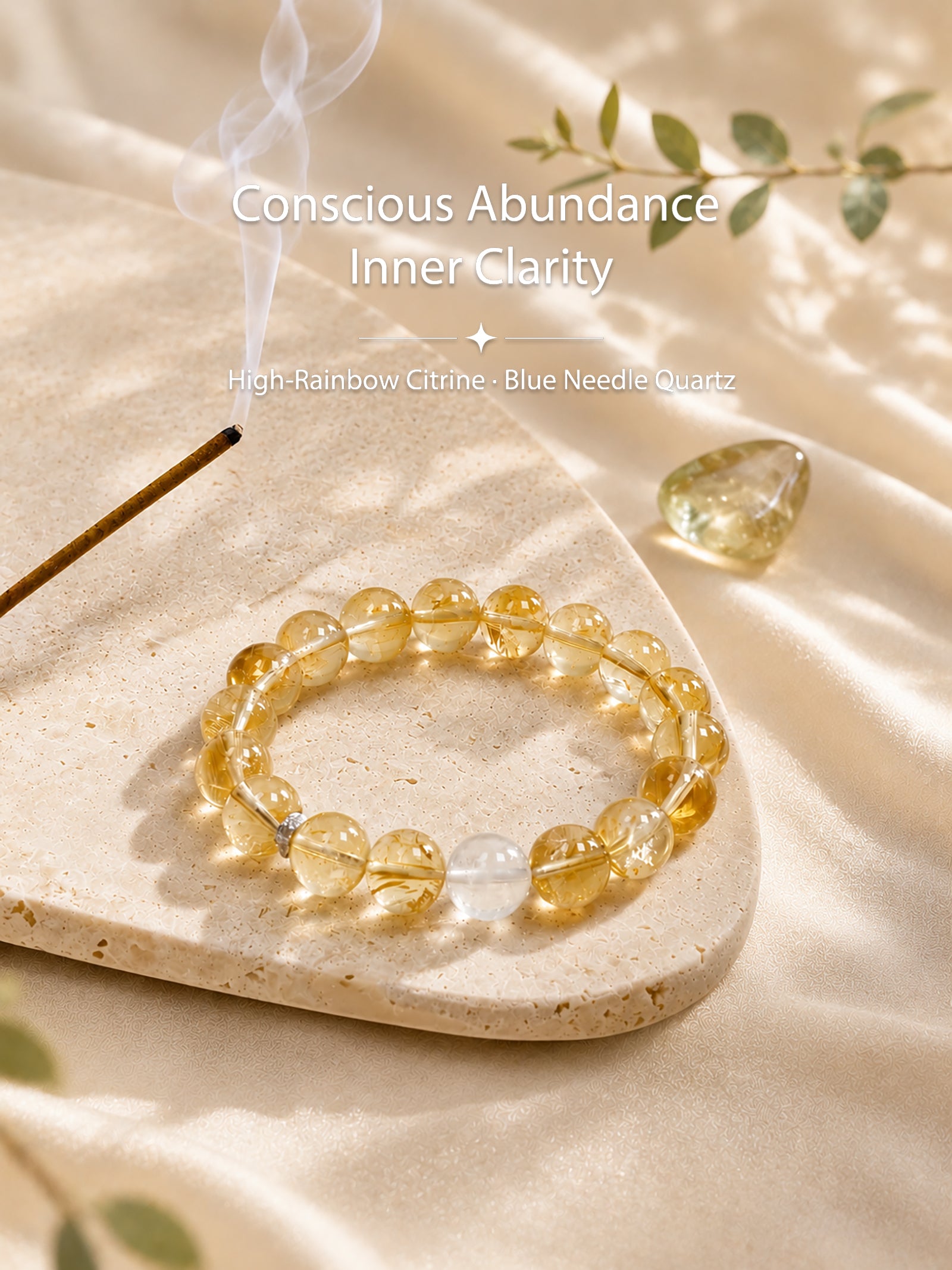 High-rainbow Citrine abundance bracelet styled on meditation altar with calming spiritual objects