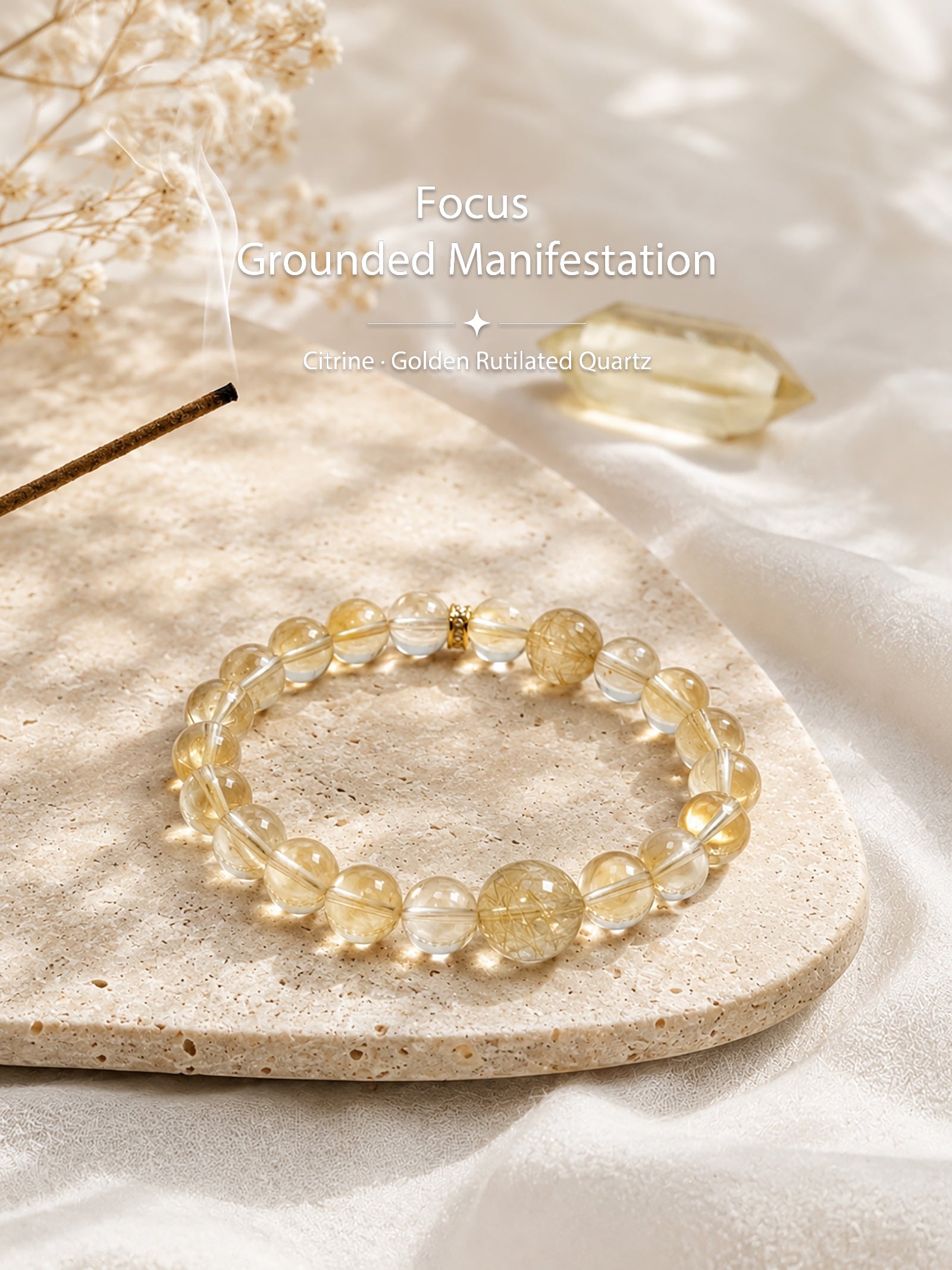 citrine bracelet styled on meditation altar with calming spiritual objects