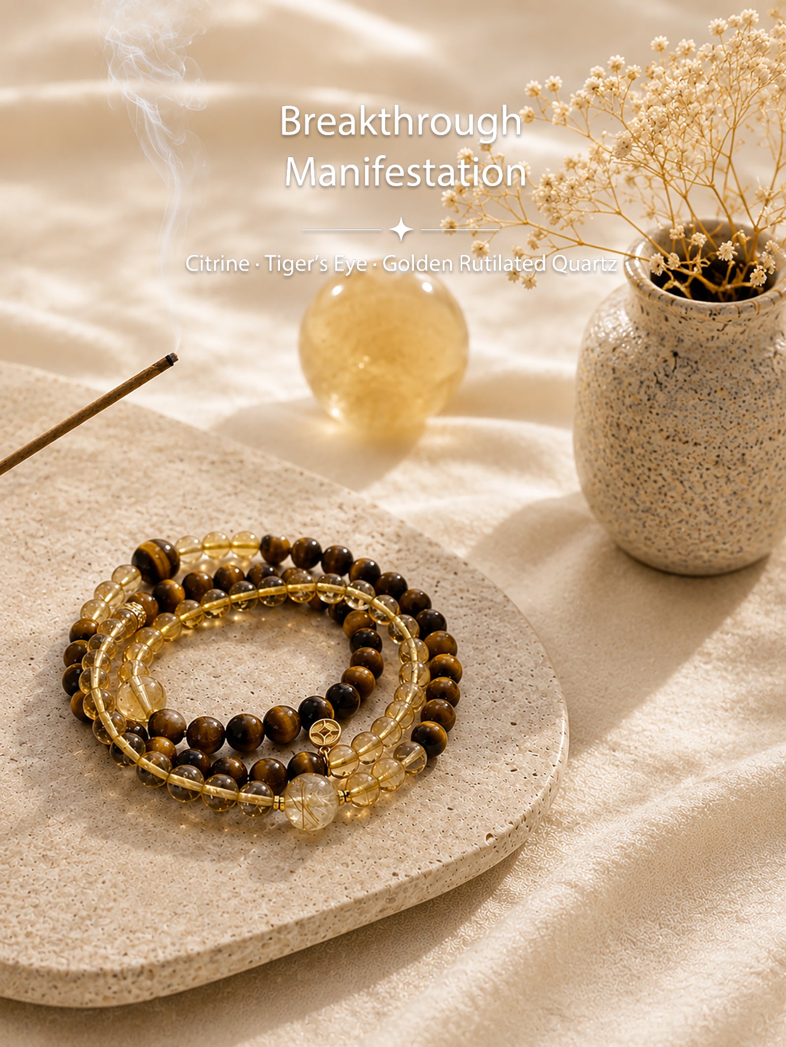Citrine and Tiger’s Eye triple wrap bracelet styled in warm natural setting representing courage, breakthrough, and manifestation