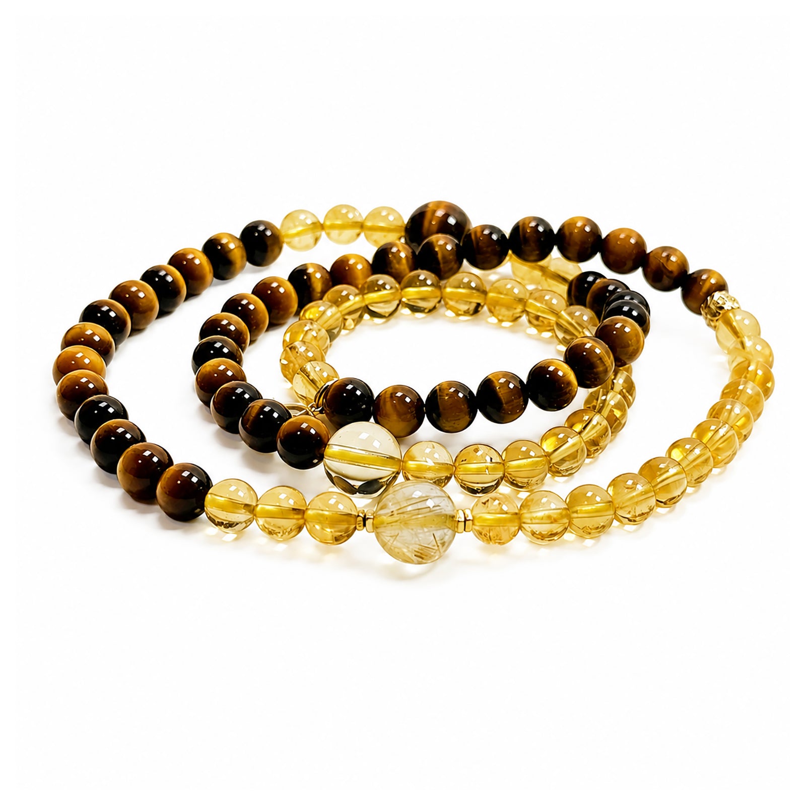 Citrine and Tiger’s Eye triple wrap bracelet on clean white background
