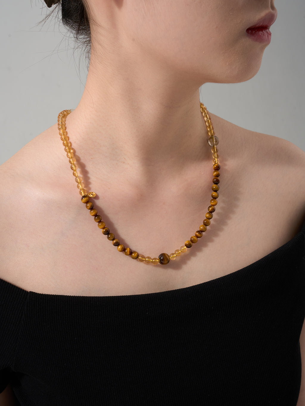 Citrine and Tiger’s Eye triple wrap bracelet worn as necklace showing versatile layered styling