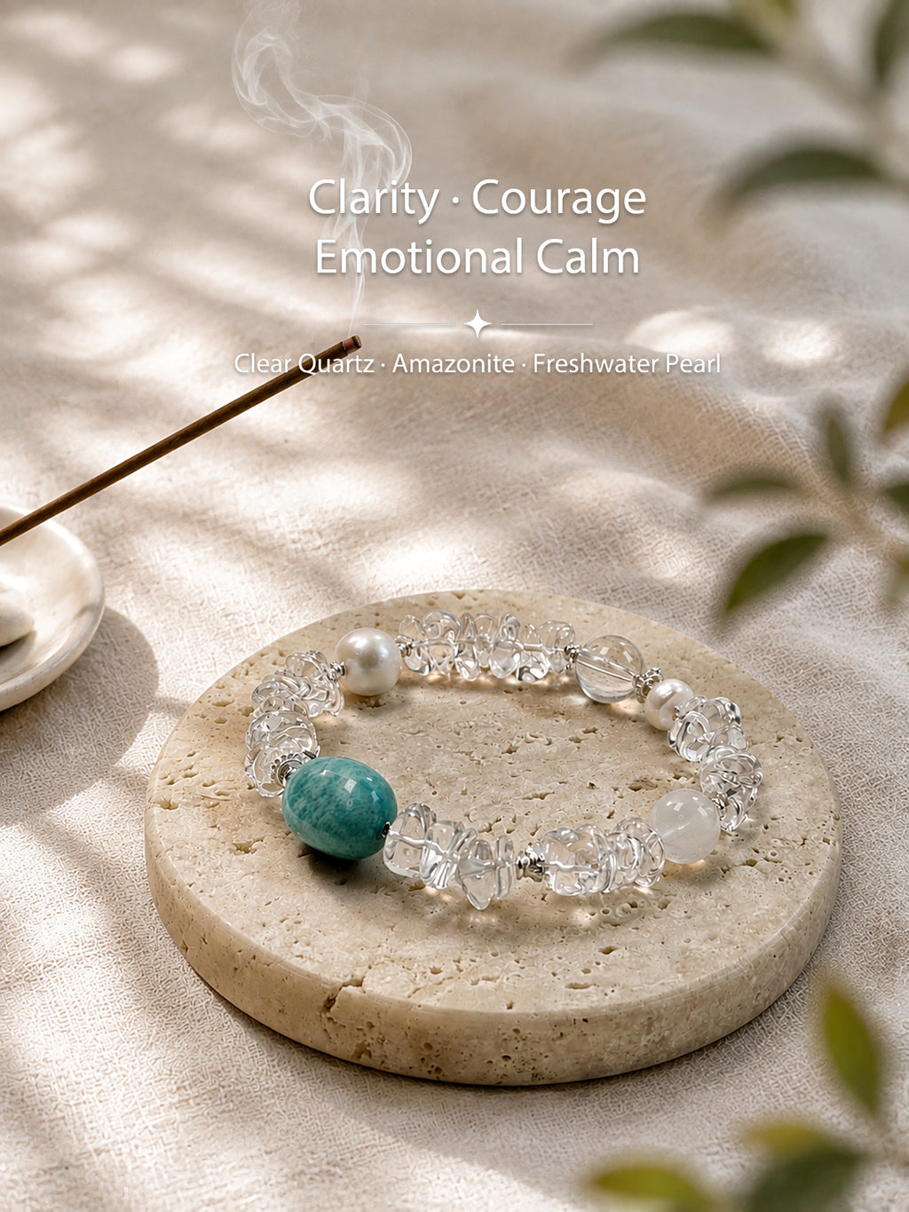 Clear Quartz, Amazonite and Freshwater Pearl bracelet for clarity, courage and emotional balance