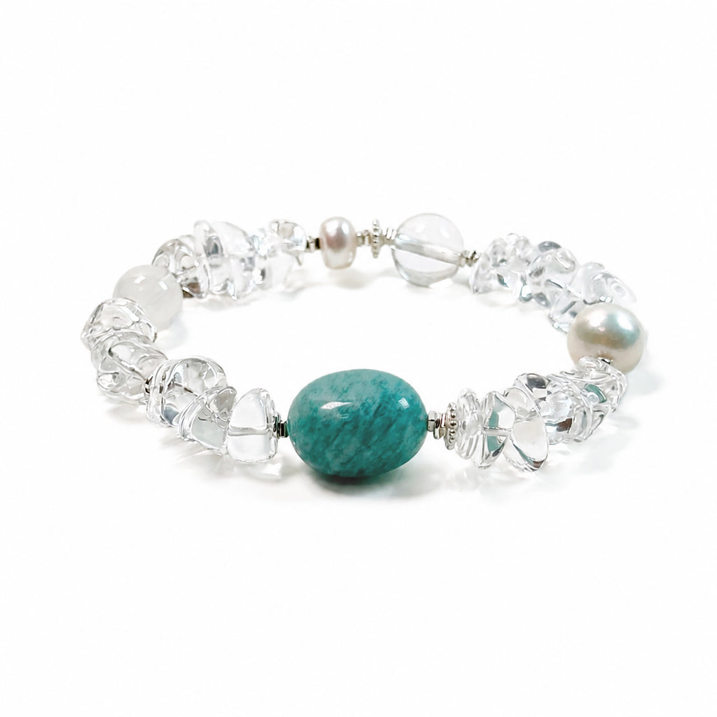 Clear Quartz, Amazonite and Freshwater Pearl bracelet side view