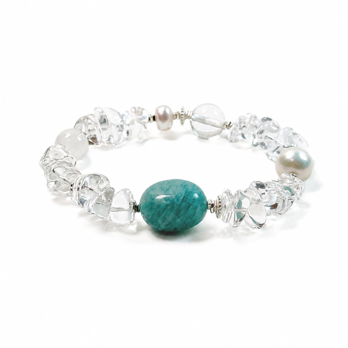 Clear Quartz, Amazonite and Freshwater Pearl bracelet side view
