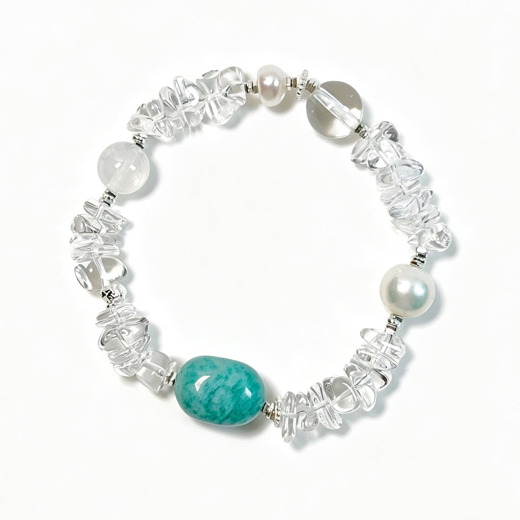 Clear Quartz, Amazonite and Freshwater Pearl bracelet top view