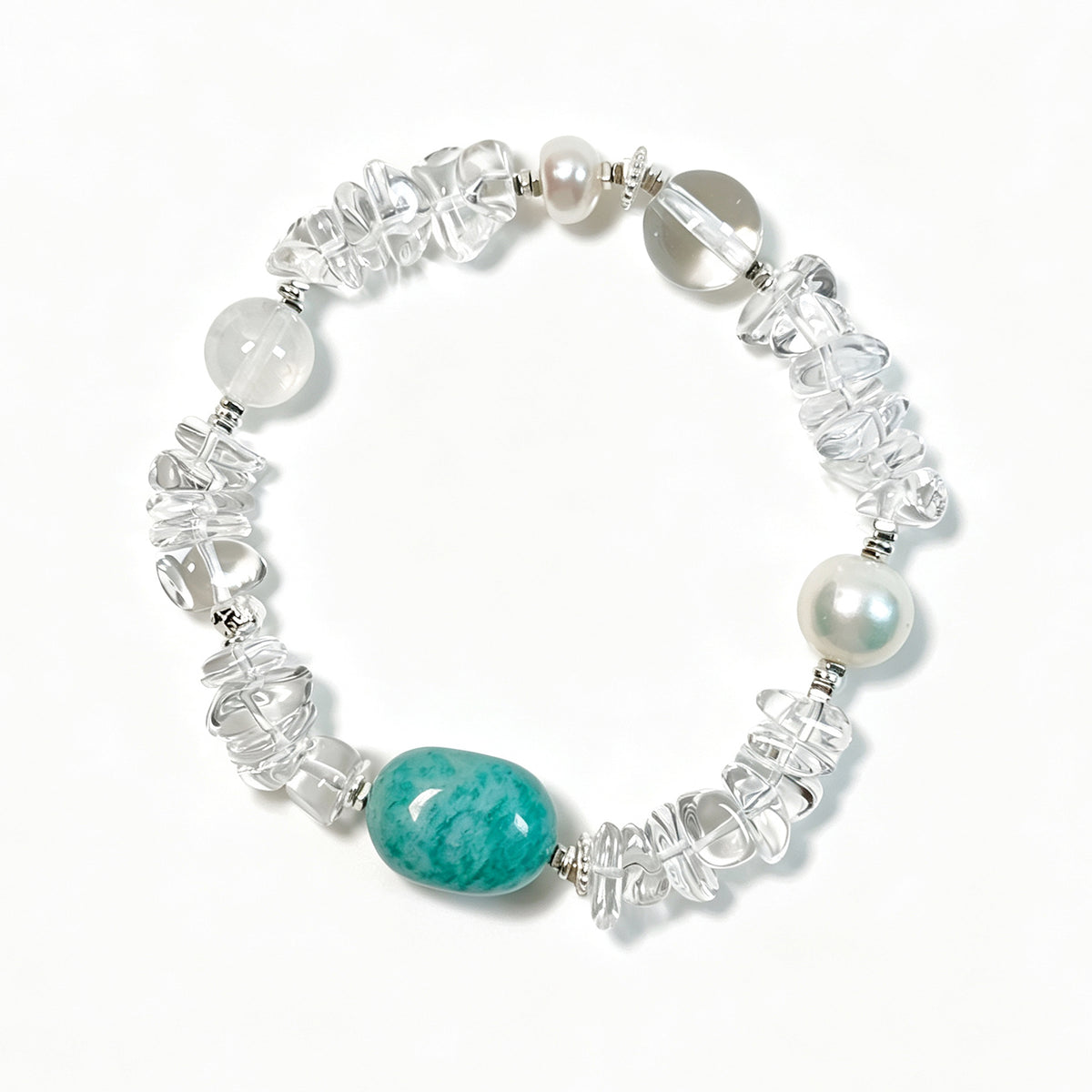 Clear Quartz, Amazonite and Freshwater Pearl bracelet top view