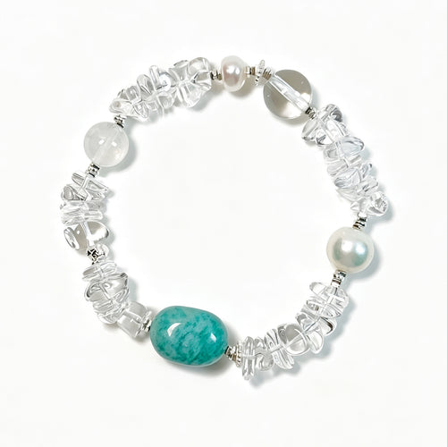 Clear Quartz, Amazonite and Freshwater Pearl bracelet top view