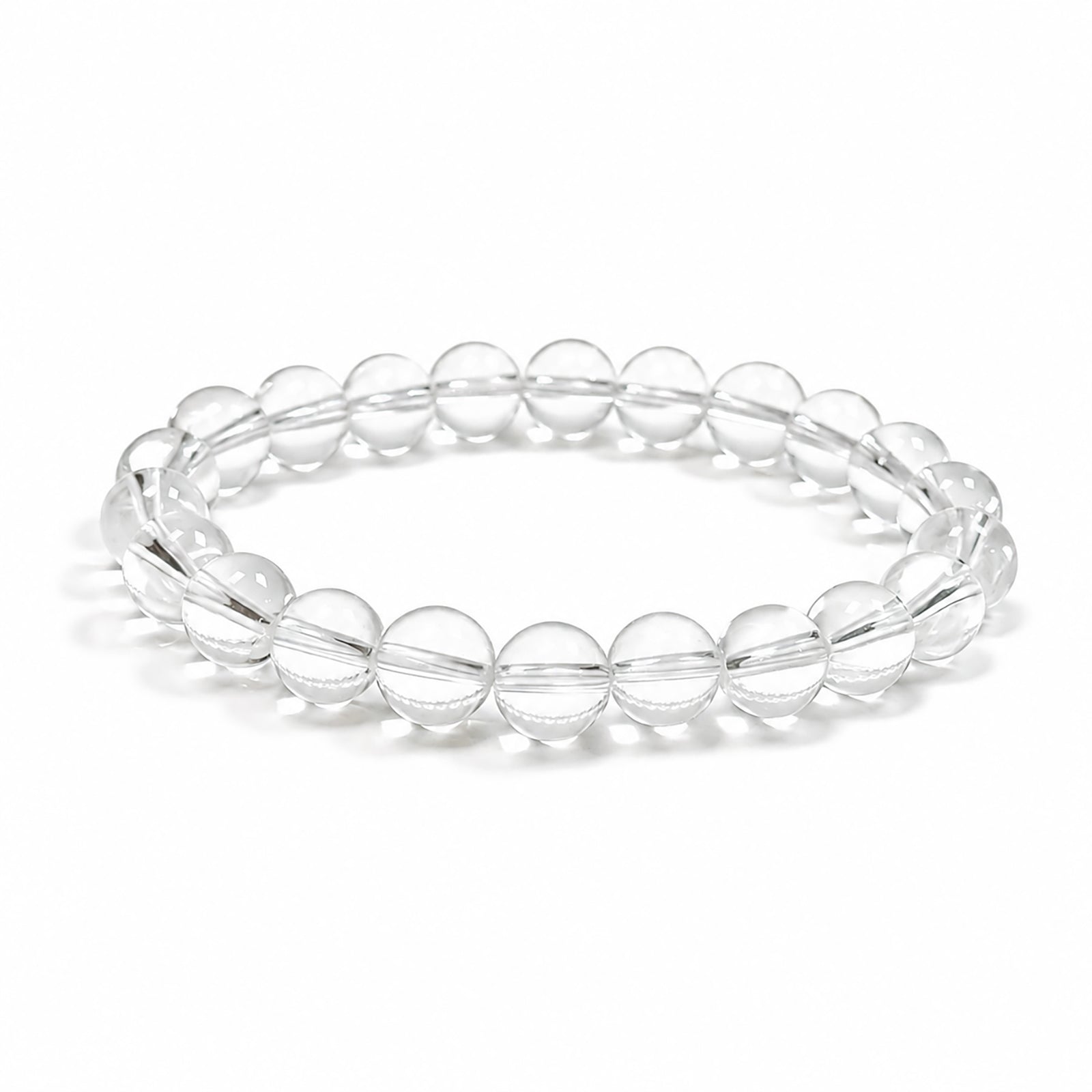 Clear quartz bracelet on clean white background for renewal and emotional balance