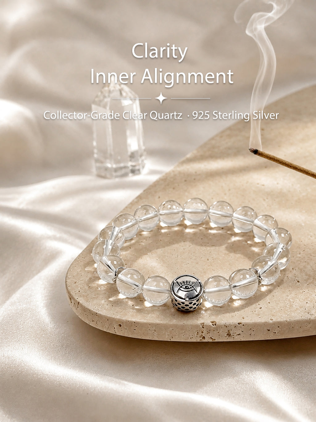 clear-quartz bracelet styled on meditation altar for renewal, healing, and inner balance
