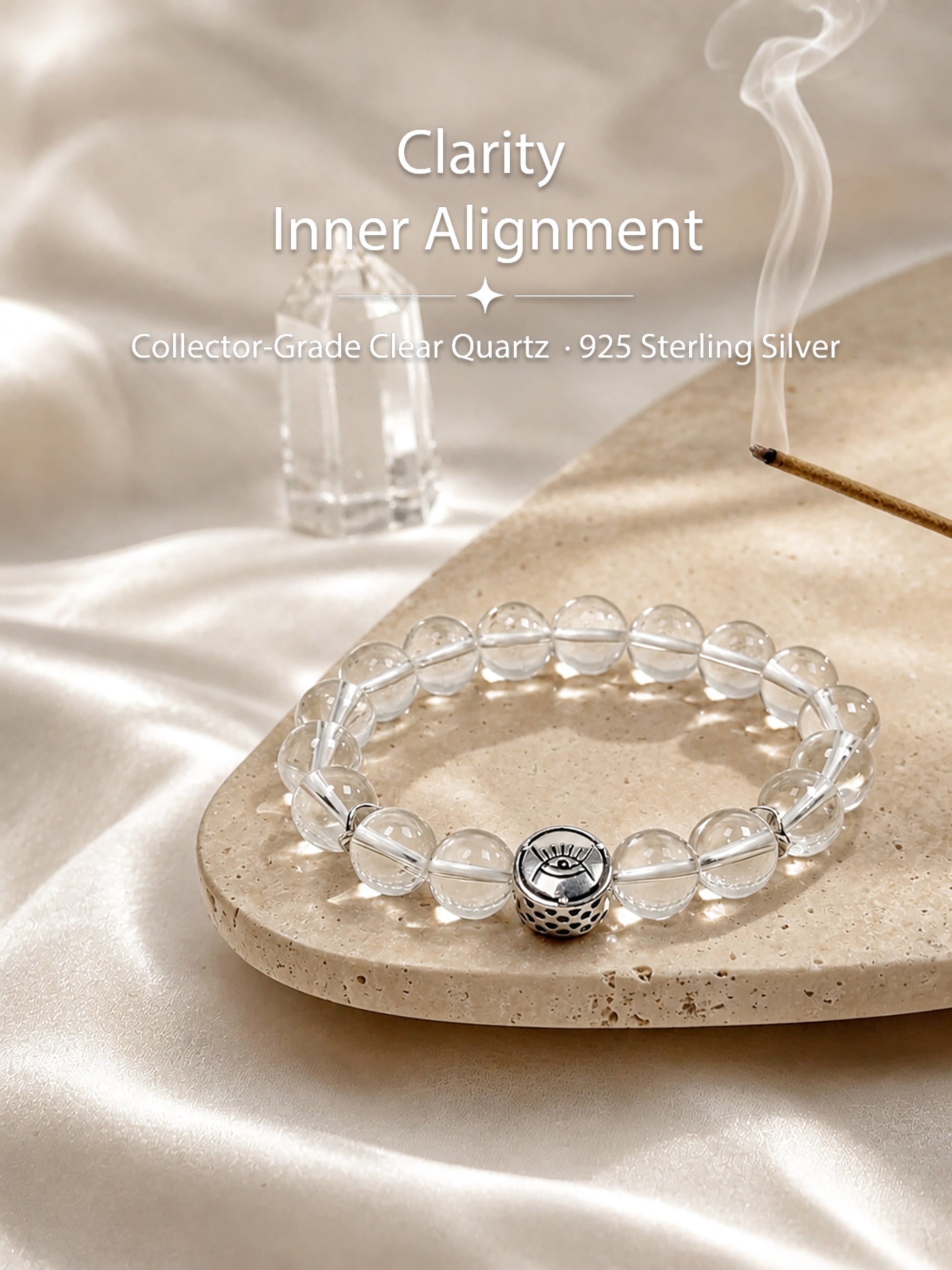 clear-quartz bracelet styled on meditation altar for renewal, healing, and inner balance
