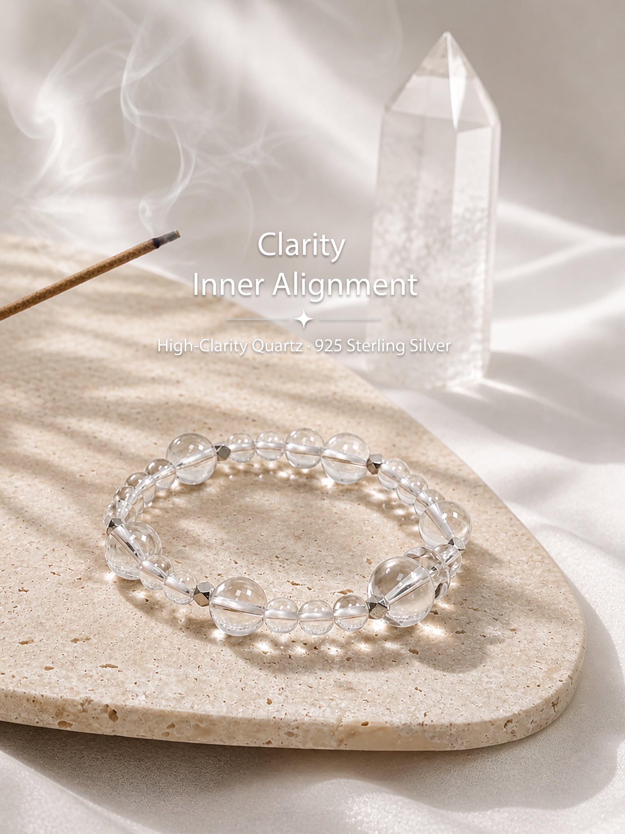 clear-quartz bracelet styled on meditation altar for renewal, healing, and inner balance
