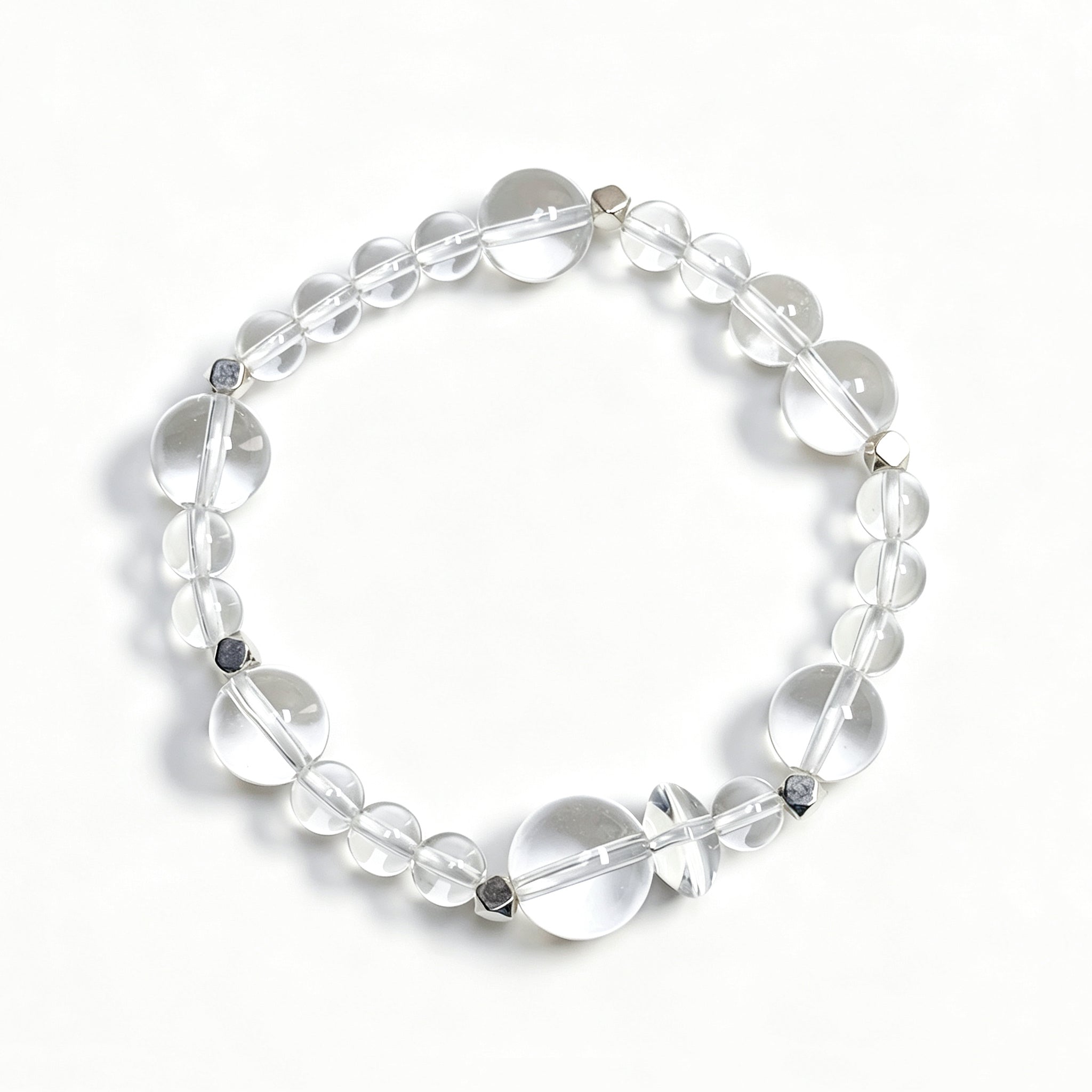Top view of Clear quartz  crystal bracelet showing full bead arrangement