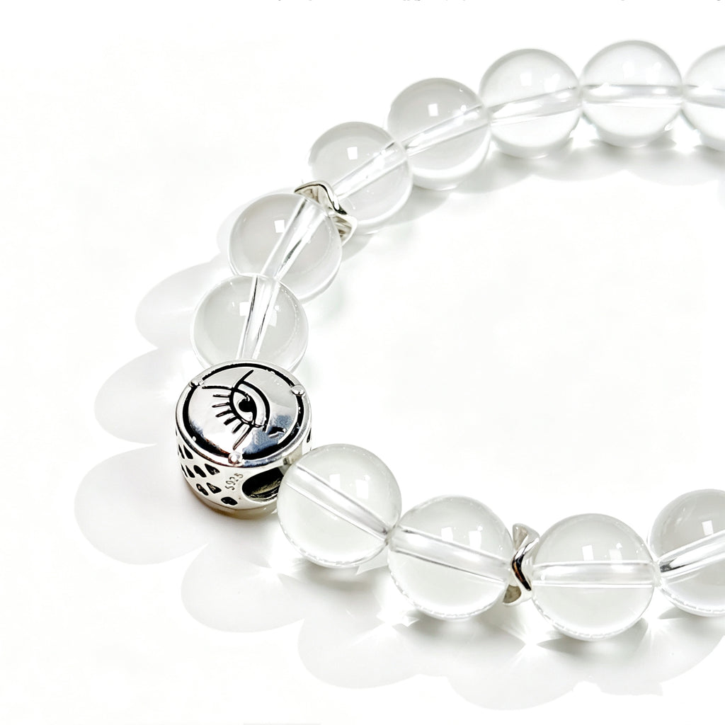 Close-up detail of Clear quartz crystal bracelet showing natural stone texture for healing and balance
