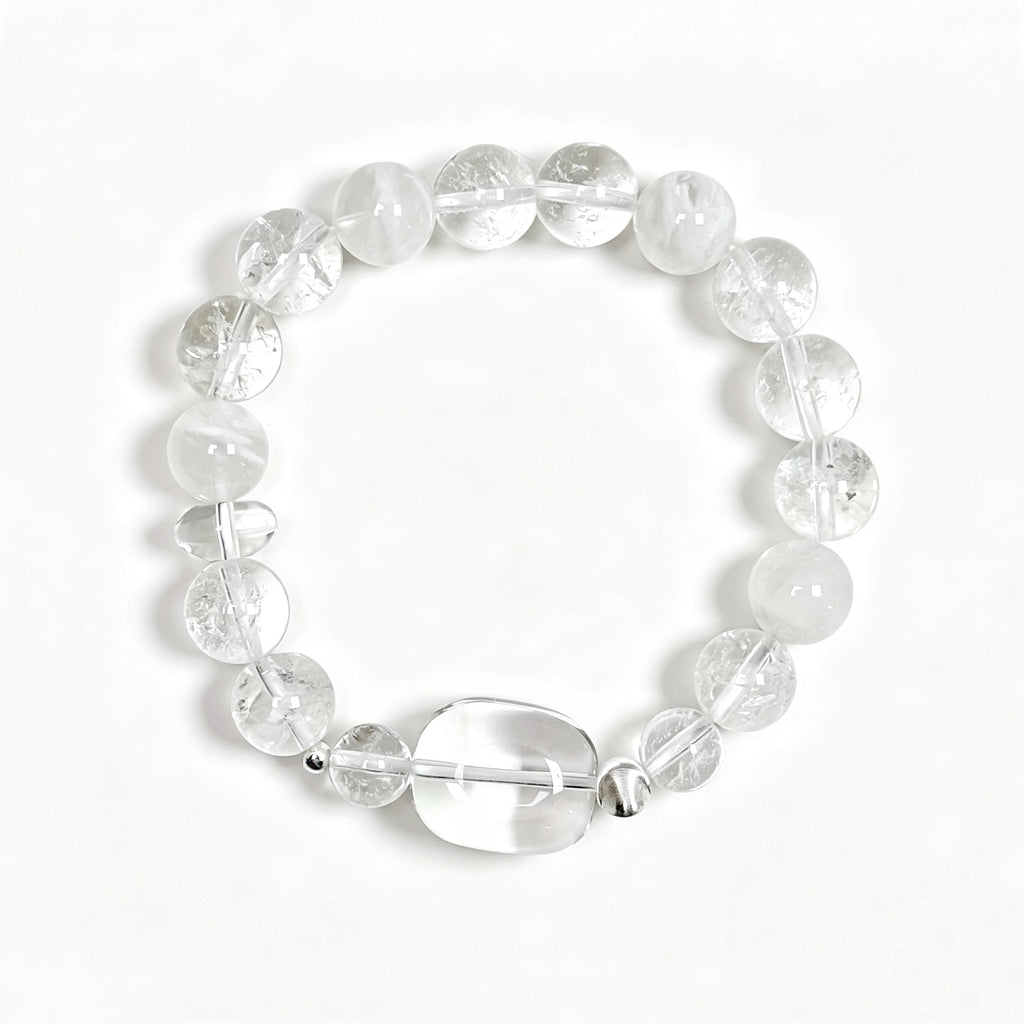 Top view of Clear Quartz and White Phantom Quartz bracelet showing full bead arrangement