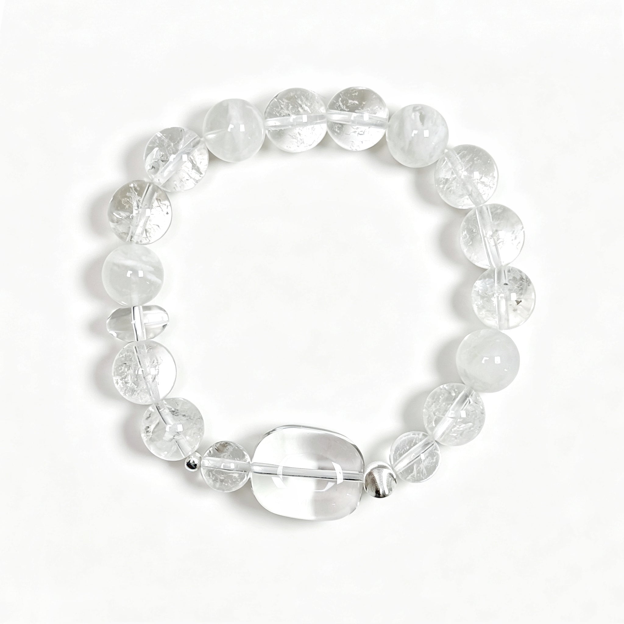 Top view of Clear Quartz and White Phantom Quartz bracelet showing full bead arrangement