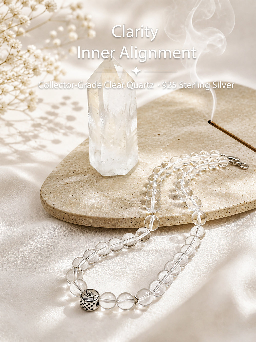 clear-quartz necklace styled on meditation altar for renewal, healing, and inner balance