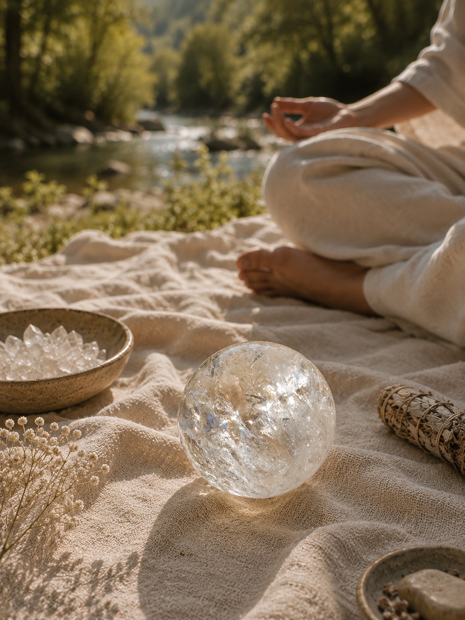 Clear quartz sphere beside a peaceful outdoor meditation setting.