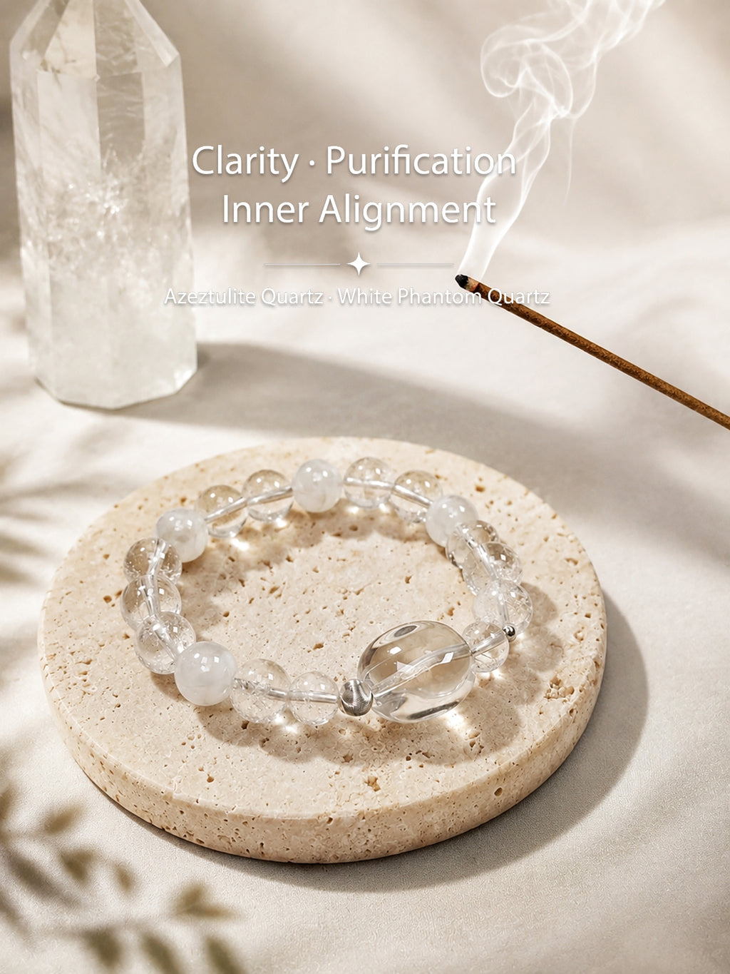 Clear Quartz and White Phantom Quartz bracelet styled in calming meditation setting representing clarity, purification, and emotional balance