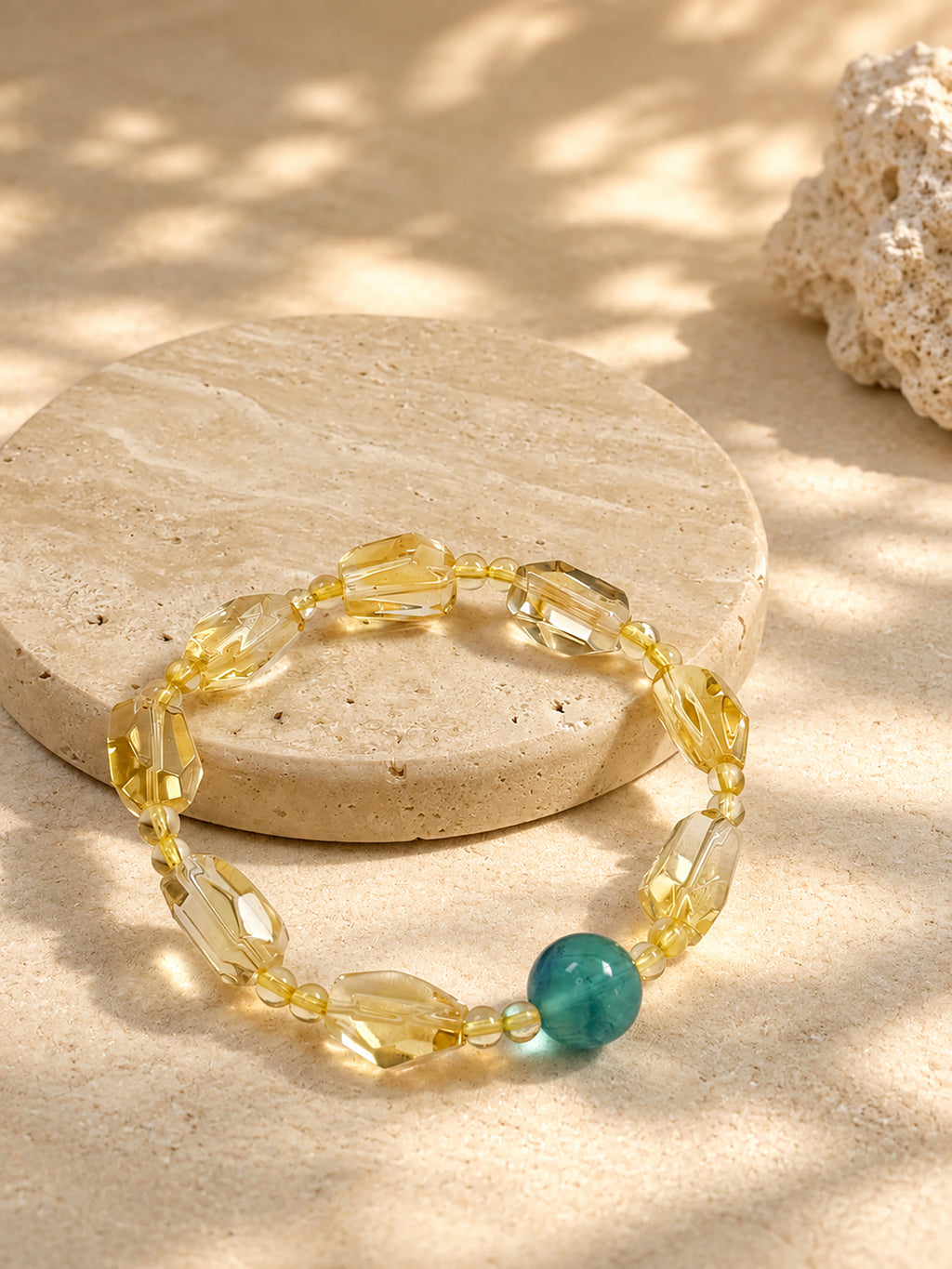 Collector-grade citrine and blue-green fluorite bracelet in a warm minimalist setting