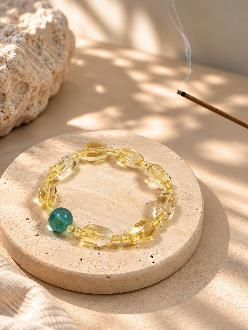 Collector-grade citrine and blue-green fluorite bracelet in a warm minimalist setting